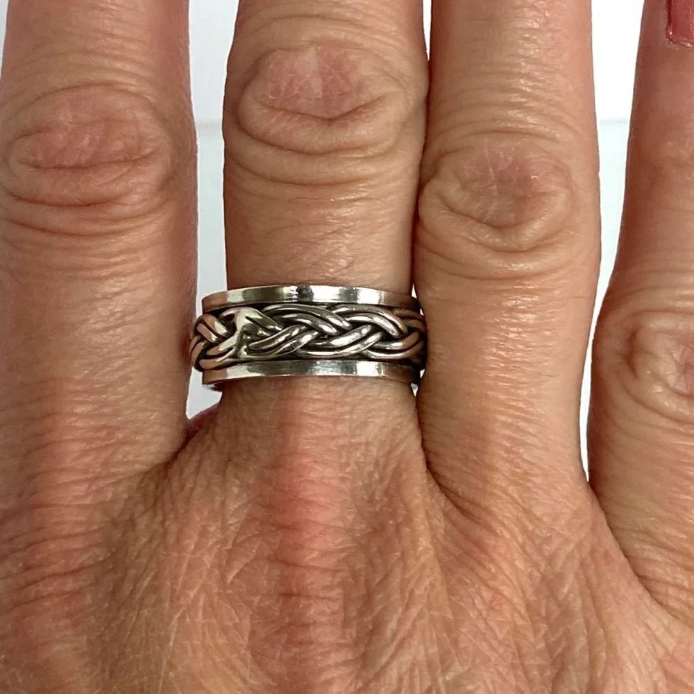 Sterling Silver 925 8MM Unisex Braided Rope Wide Band Spinner Ring Size 8.25 8g